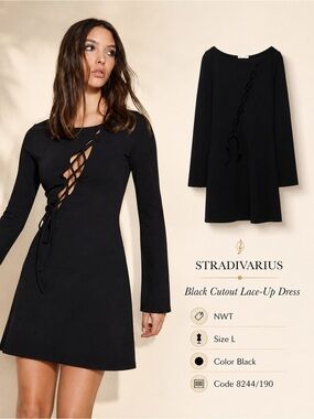 Stradivarius Black Lace-Up Cutout Long Sleeve Mini Dress Size L NWT